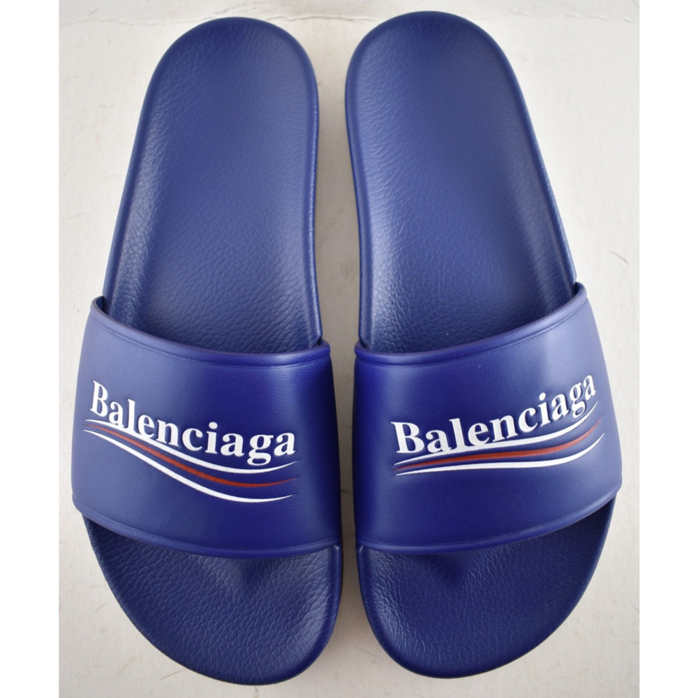 Balenciaga Blue Leather Campaign Logo Slide Pool Sandal Flip Flop Flat 44 11 - Picture 10 of 15